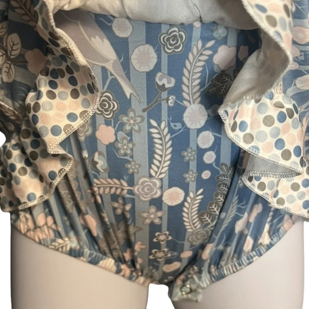 Pete and Lucy Blue Gray and White Floral and Bird Tank Romper NWT